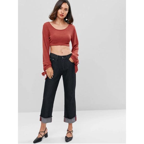 Mujeres largas cortadas anudadas espalda abierta del top de punto de la manga