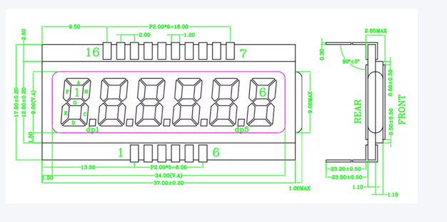 Custom 7 Segment LCD Display with 37mm x 17mm x 1.1mm Dimensions and 3.0V Supply Voltage for 34mm x 12mm Viewing Area