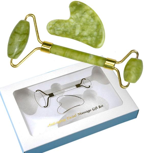 Gold Frame Jade Roller and Gua Sha Set Integrated Zin Alloy Frame Facial Massage Set