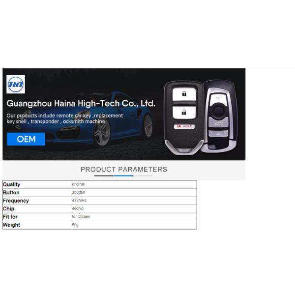 Remote Car Smart Key Fob 3 Buttons 433MHz 46 Transponder Chip For Citroen