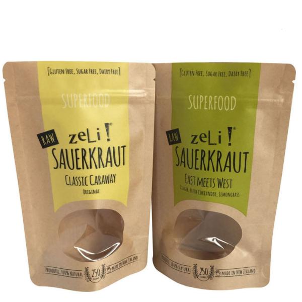 Stand Up Brown Kraft Coffee Bags Eco Friendly Flat Bottom With Clear Window Zipper