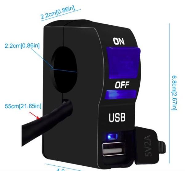 Handlebar Motorcycle Charging Port With Lamp 5V 2A USB Charger