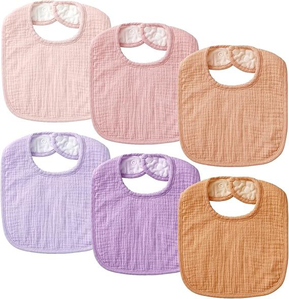 6-Pack Muslin Baby Bibs for Unisex Boys Girls, Cotton Baby Drooling and Teething Bibs