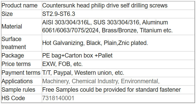 CSK Head Cross Slot Self Drilling Screws