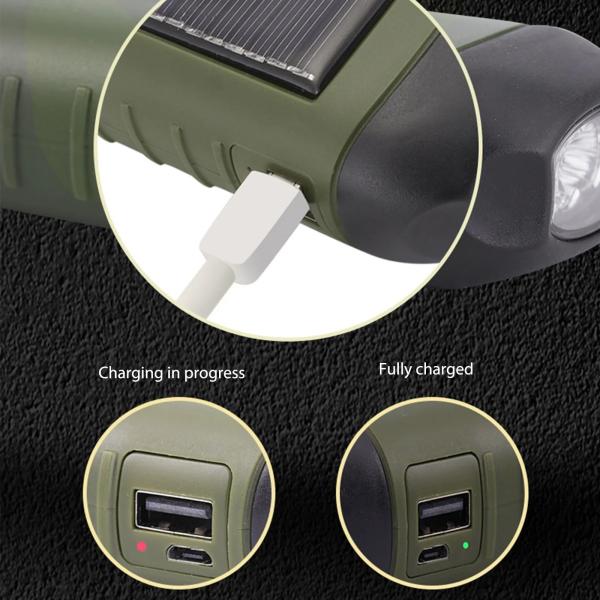 LED Solar Powered Flashlight USB Charging Hand Crank Dynamo Flashlight Survival Gear Fishing Flashlight Clip for Outdoor