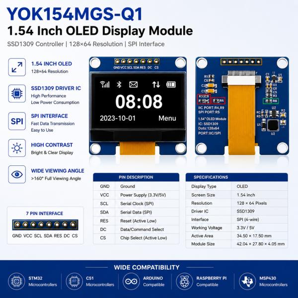 1.54 Inch OLED Display Module 128x64 SSD1309 OLED SPI Display For Arduino Raspberry Pi STM32