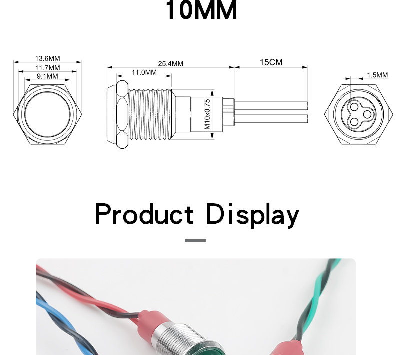 10MM Metal Indicator Light Waterproof High-Brightness LED With Wire Power Signal 6V 24V 220V Yellow Green Red Blue White