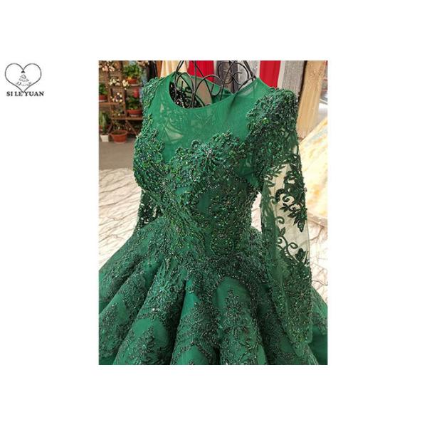 Luxury Heavy Beading Green Satin Prom Dress Perspective Long Sleeve Floor Length
