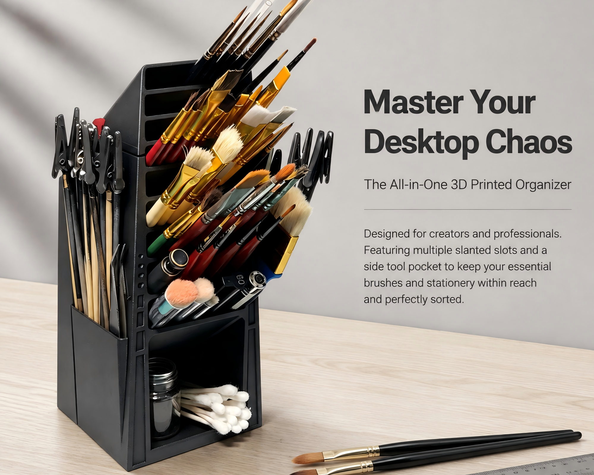 Matte Black 3D Printed Office Supplies Desktop Multi Compartment Pen Holder