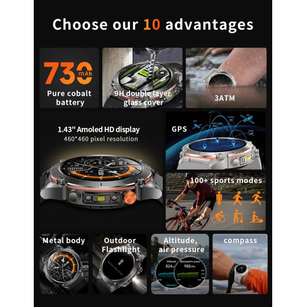 Outdoors Y101 Smart Watch 1.43inch Amoled 730mAh GPS 3ATM Flashlight Air Pressure Altitude Sports Watches Men Smartwatch
