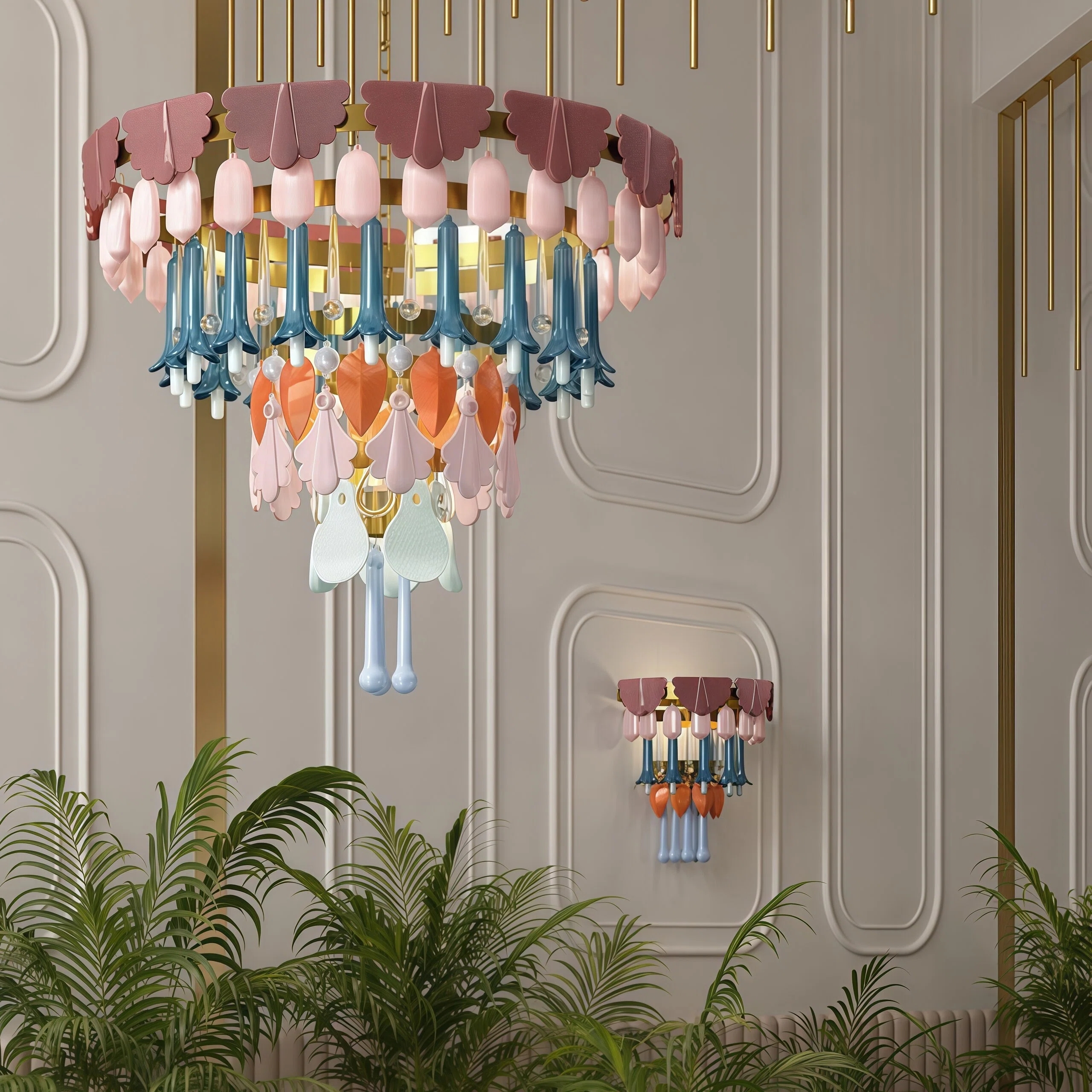 JYLIGHTING Modern Multi-Tier Pastel Ceramic & Gold Iron Chandelier, Statement Colorful Pendant Light for Living Room & Dining Space