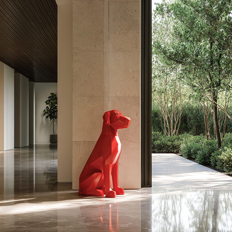 Modern Red Geometric Metal Dog Sculpture for Indoor Outdoor Decor