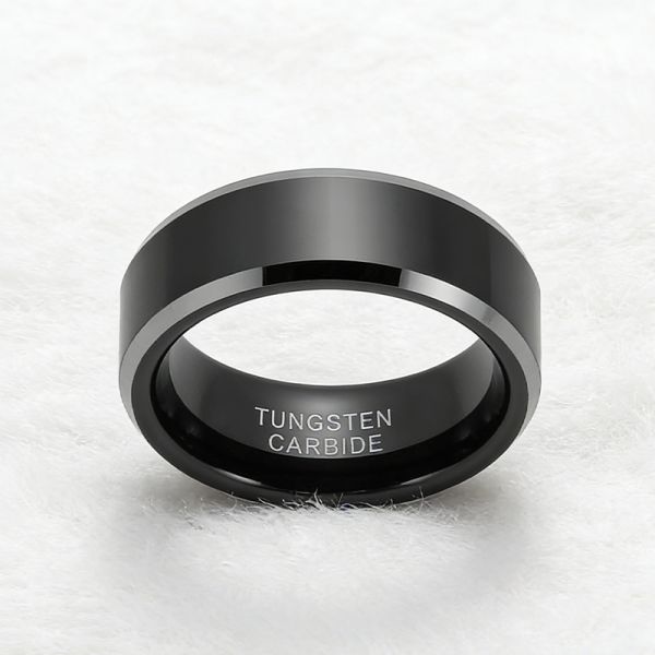 8MM Black Tungsten Wedding Band Ring with Silver Beveled Edge for Men and Women