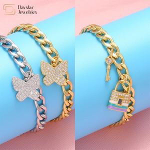 Butterfly Charm Bracelet Stainless Steel Jewelry Key Lock Pendant Gold Plated