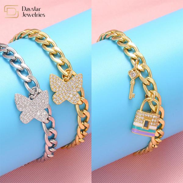 O ouro chave do pendente do fechamento da joia de aço inoxidável do bracelete do encanto da borboleta chapeou