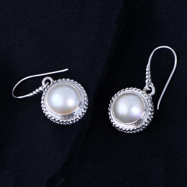 Vintage Sterling Silver Round Shell Pearl Bead Drop Dangle Earrings (060320)