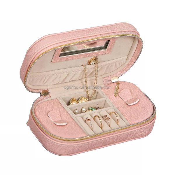 Custom Logo Leather Women's Jewelry Box Makeup Cosmetic Bag Pouch With Mirror