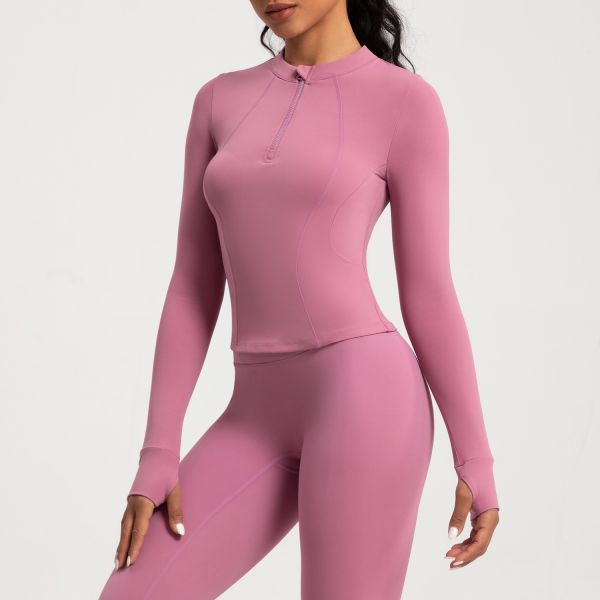 Women's Half Zip Long Sleeve Athletic Top Moisture Wicking Thumb Hole Cuffs Slim Fit