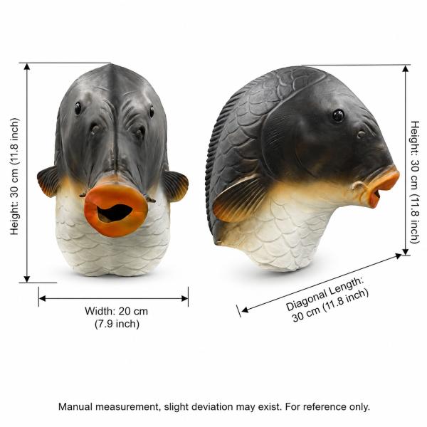 Realistic Grass Carp Latex Full Head Mask, Fish Character Costume with Scaled Texture, Orange Lips, Side Fin Detail and Full Head Design for Halloween Party Cosplay Photo Video Props