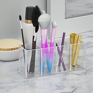 Acrylic Pen Holder 4 Compartments,Clear Pen Holder Organizer Makeup Brush Holder for Office Desk Accessories,Cosmetic