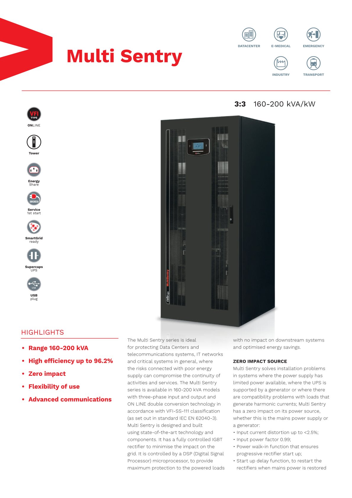 Riello Multi Sentry 160KVA Three-phase UPS with Double Conversion for Telecommunications