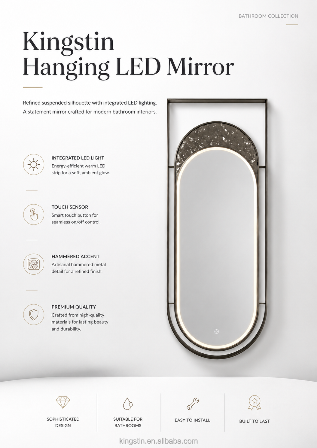 Kingstin Hanging LED Bathroom Mirror, Oval Backlit Vanity Mirror with Water Ripple Design, Customizable Size, Defogger