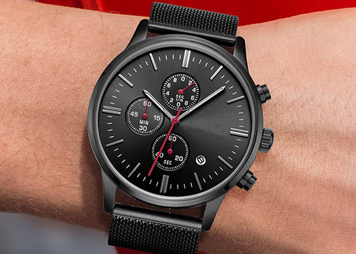 Black SS Stainless Steel Chronograph Watch Mesh Bracelet 50m Water Resistant