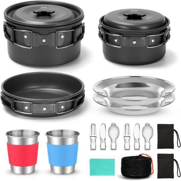 Stainless Steel Camping Outdoor Cookware Mess Kit Set, Folding Cookset Camping Teapot and Pans Set Equipment