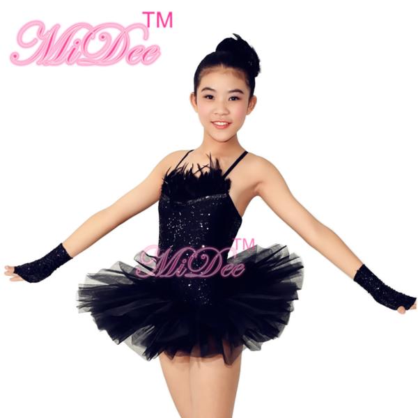 Swan Feather Neckline Ballet Dance Costumes , Black Childrens Ballerina Outfits