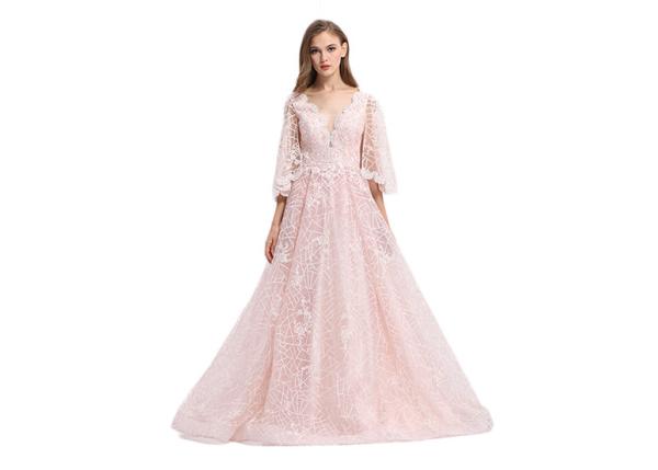 Pink Elegant A - Line Half Sleeve Evening Dresses With Detachable Train