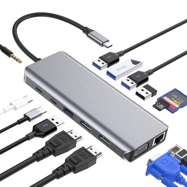 8 In 1 Usb C Hub Adapter Dongle 4K HDMI VGA Type C PD USB3.0 RJ45 Ethernet SD/TF
