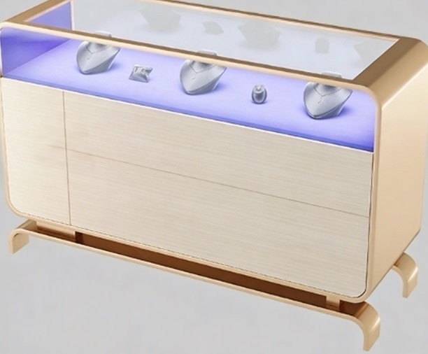 Light Luxury Rounded Corner Jewelry Display Cabinet LED Lighting Champagne Gold Stainless Steel Glass Storage Drawers