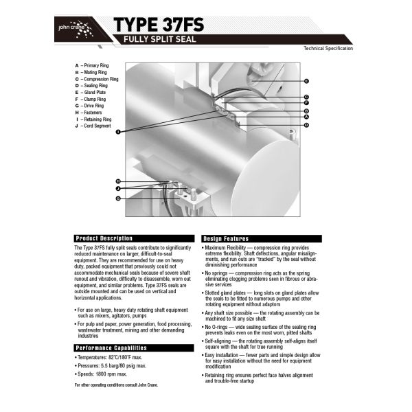 John Crane Type 37FS Split Mechanical Seals for Agitators Mixers Pumps
