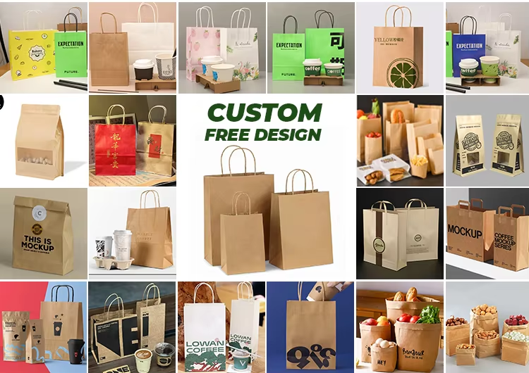 Food Recyclable Paper Bag Take Away Kraft Bags With Custom Logo Printed