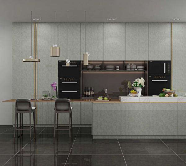 Armários de cozinha luxuosos da madeira maciça de Primery em L forma e com armário alto