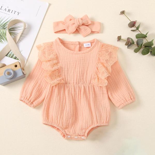 Wholesale baby summer Lace Ruffled muslin Buttons baby bodysuit with headwrap set