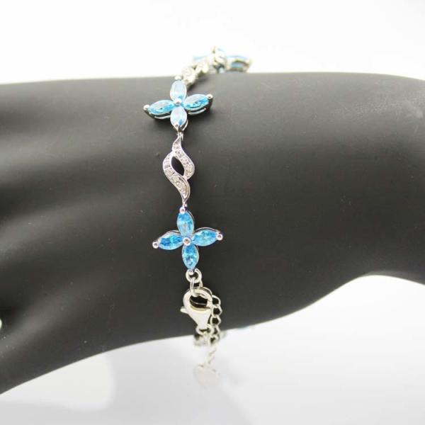 925 Silver Jewellery Quatrefoil Blue Topaz Cubic Zircon Tennis Bracelet (B04BLUE)