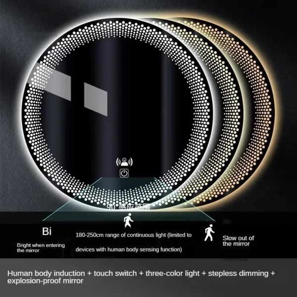 Simple flameproof Led Smart Touch Screen Anti-fog Round Sensor Mirror with Light(WH-MR-101)