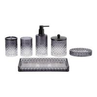 Acessórios de banheiro de vidro preto com formato redondo e padrão de diamante