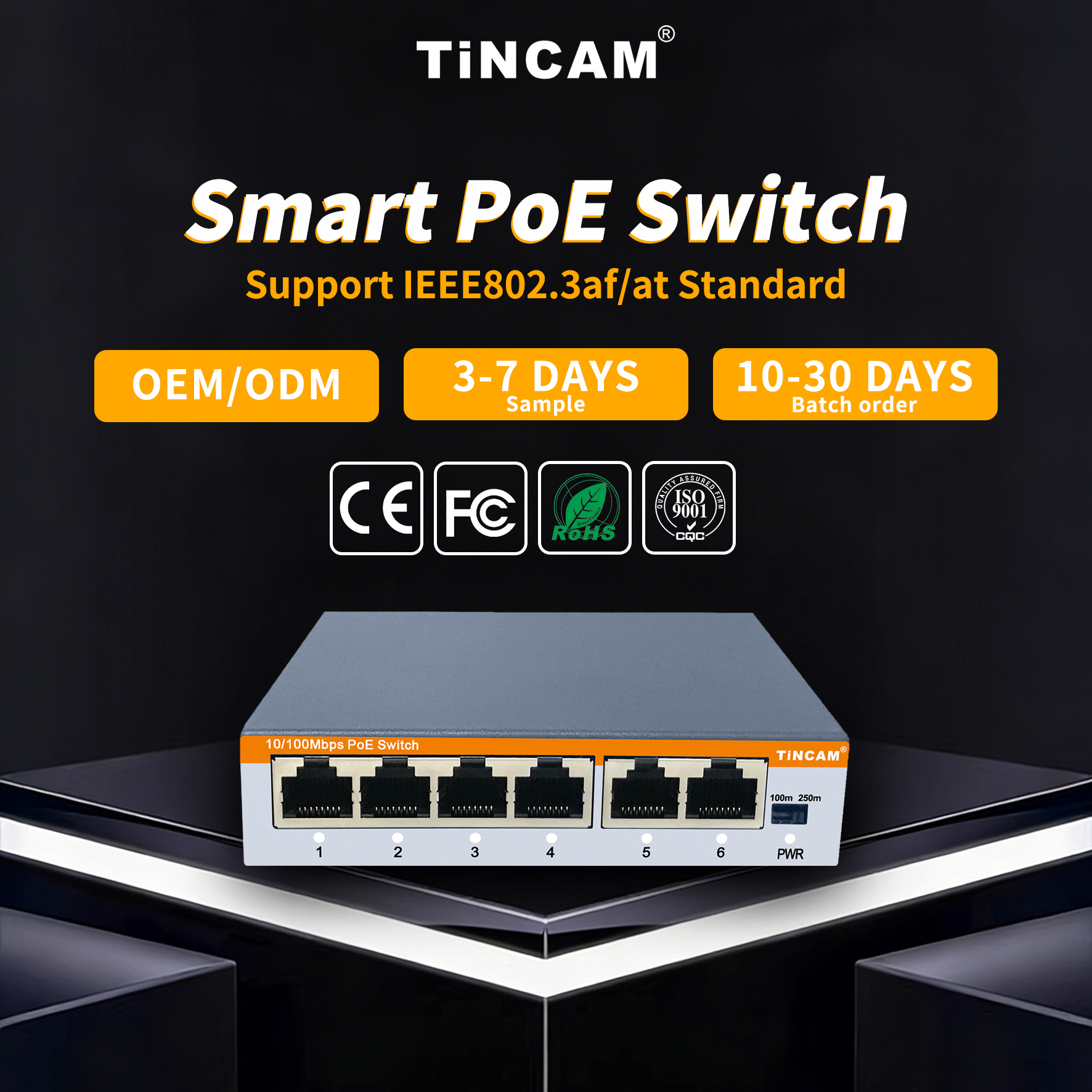 4 Port 10/100Mbps PoE+ Switch with 2 Uplink Ports 48W External Power Adapter IEEE 802.3af/at 250m Extend Mode VLAN– TBC-PS4306E