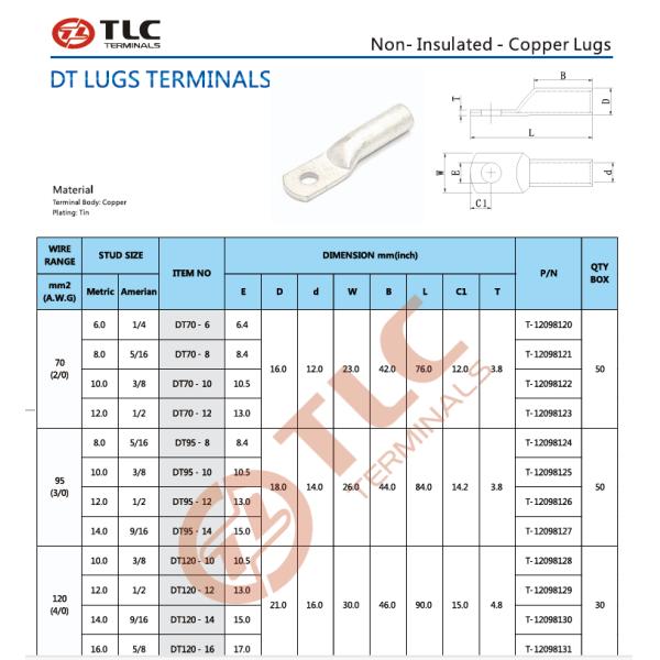 Big Copper Tubular Lug Terminals Customized Non-Insulated Copper Wire Terminals Cable Connectors