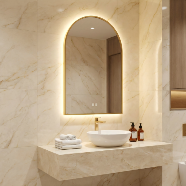 Kingstin Arched LED Backlit Mirror Modern Minimalist Wall Vanity Mirror Stainless Steel Frame Luxury Bathroom Smart Mirror