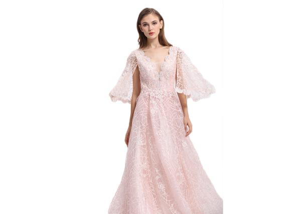 Pink Elegant A - Line Half Sleeve Evening Dresses With Detachable Train