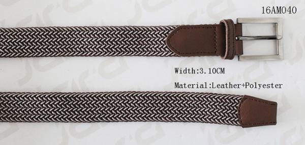 Coffee Polyester/ Leather Elastic Stretch Belts With Leather Tip / Buckle Part
