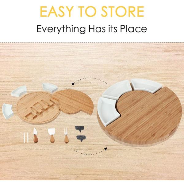 Natural Removable Snack Ceramic Server Bowls with Round Bamboo Cheese Board 33X33X5CM