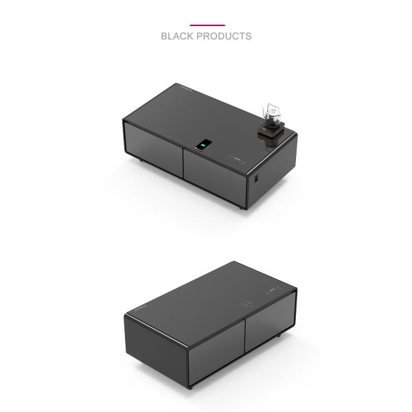 Hotel Fridge Wine Cooler with Music Speaker and Wireless Charging in Black Wood Grain