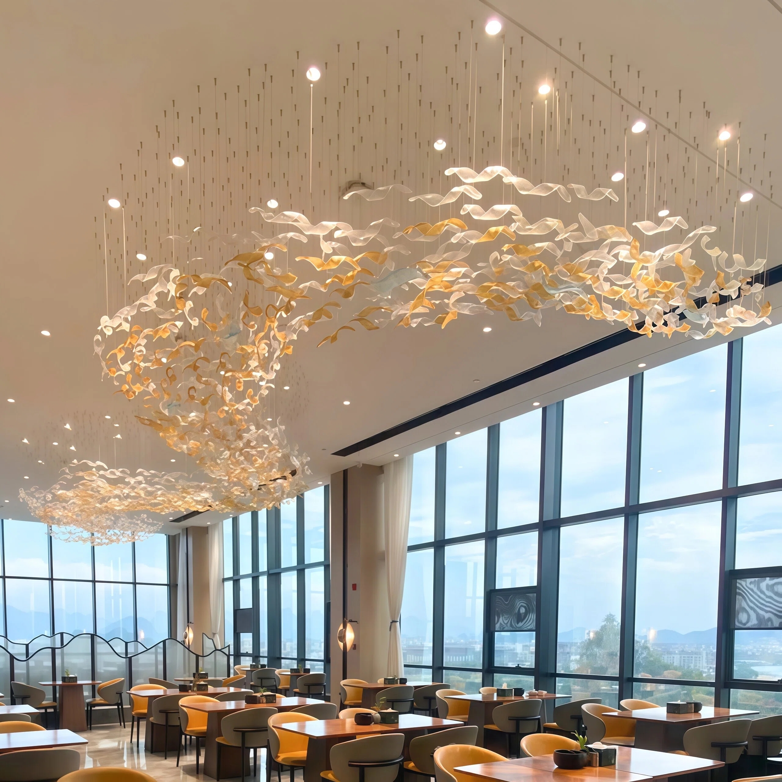 JYLIGHTING Luxury Curved Ribbon Glass Art Chandelier, Custom Hanging Decorative Ceiling Light for Hospitality & Large Interior Project