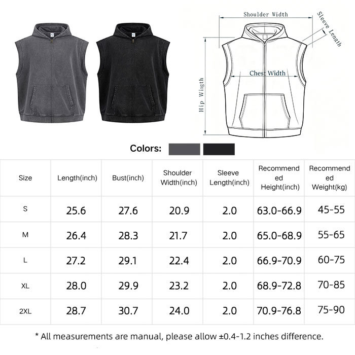 400GSM Hooded Zip Up Vest Vintage Ruin Wash Streetwear Gilet Oversized