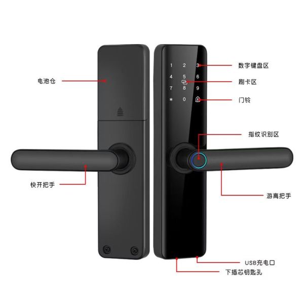 Home Security WIFI Tuya APP Smart Glass Door Lock with Fingerprint Password Card Key Unlock for Home System