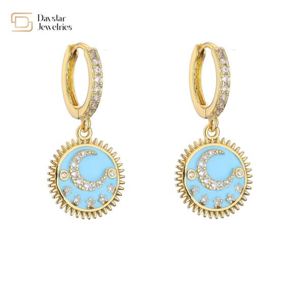 Moon And Star 24k Gold Plated Jewelry Round Dangle Drop Earrings